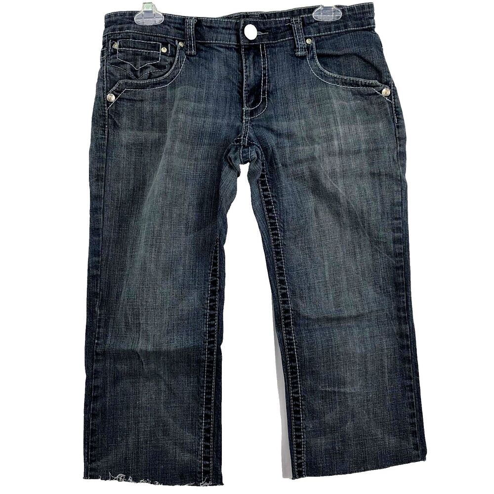 BU From Malibu Jeans Womens 29W Blue Distressed Cropped Stretch Sunburst Pocket